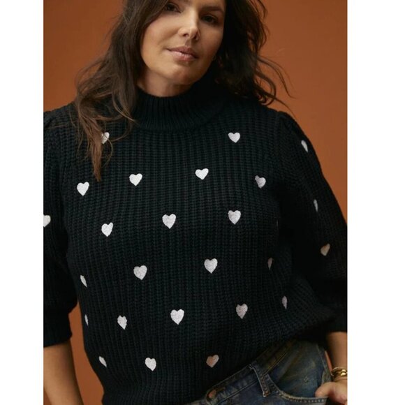 Anthropologie Hearts Mock Neck 3/4 Sleeve Knit Pullover Sweater Black Medium - Picture 4 of 8